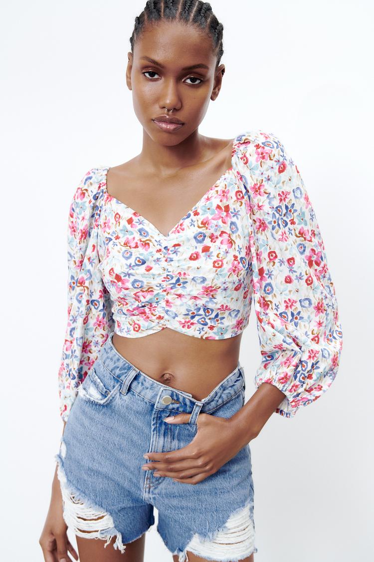 Zara Floral Print Linen store Blend Top